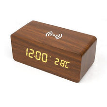 Load image into Gallery viewer, USB/AAA Powered LED Digital Clock Wooden Alarm Clock Table Clock Wooden Digital Alarm Clock with Wireless Charging 3 Alarms LED Display Sound Control and Snooze Dual for Bedroom Bedside Office Voice Control Electronic Clock Desktop Decor
