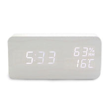 Load image into Gallery viewer, USB/AAA Powered LED Digital Clock Wooden Alarm Clock Table Clock Wooden Digital Alarm Clock with Wireless Charging 3 Alarms LED Display Sound Control and Snooze Dual for Bedroom Bedside Office Voice Control Electronic Clock Desktop Decor
