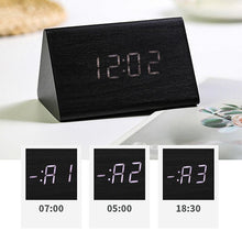 Load image into Gallery viewer, USB/AAA Powered LED Digital Clock Wooden Alarm Clock Table Clock Wooden Digital Alarm Clock with Wireless Charging 3 Alarms LED Display Sound Control and Snooze Dual for Bedroom Bedside Office Voice Control Electronic Clock Desktop Decor
