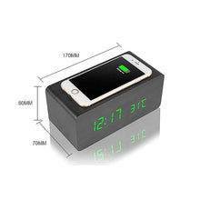 Load image into Gallery viewer, USB/AAA Powered LED Digital Clock Wooden Alarm Clock Table Clock Wooden Digital Alarm Clock with Wireless Charging 3 Alarms LED Display Sound Control and Snooze Dual for Bedroom Bedside Office Voice Control Electronic Clock Desktop Decor

