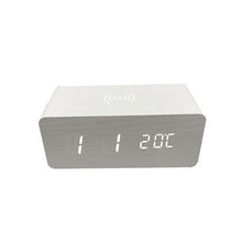 Load image into Gallery viewer, USB/AAA Powered LED Digital Clock Wooden Alarm Clock Table Clock Wooden Digital Alarm Clock with Wireless Charging 3 Alarms LED Display Sound Control and Snooze Dual for Bedroom Bedside Office Voice Control Electronic Clock Desktop Decor

