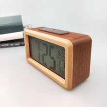 Load image into Gallery viewer, USB/AAA Powered LED Digital Clock Wooden Alarm Clock Table Clock Wooden Digital Alarm Clock with Wireless Charging 3 Alarms LED Display Sound Control and Snooze Dual for Bedroom Bedside Office Voice Control Electronic Clock Desktop Decor
