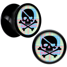 Load image into Gallery viewer, Black Acrylic Pink Green Plaid Heart Skull Saddle Plug Set 0G
