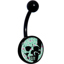 Load image into Gallery viewer, Green Pink Floral Skull Black Belly Ring
