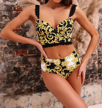 Load image into Gallery viewer, Vintage Black Print Women's Bikini Set Women's Halter Beautiful Print High Waist Swimsuit Bathing Suits Bikini Set Lace Strappy Padded Bra High Waist Bottoms Swimsuit Fashion Female Beachwear Luxury Swimwear
