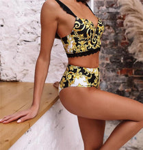 Load image into Gallery viewer, Vintage Black Print Women's Bikini Set Women's Halter Beautiful Print High Waist Swimsuit Bathing Suits Bikini Set Lace Strappy Padded Bra High Waist Bottoms Swimsuit Fashion Female Beachwear Luxury Swimwear
