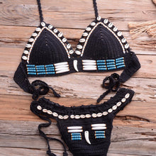 Load image into Gallery viewer, Vintage Blue Bikinis 2 Piece Halter Bikini Set Women High Waist Sequin Swimsuit  Set Handmade Crochet High Quality Swimsuit Women Push Up Swimwear Knitted Beach Wear Bathing Suit
