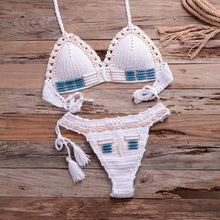 Load image into Gallery viewer, Vintage Blue Bikinis 2 Piece Halter Bikini Set Women High Waist Sequin Swimsuit  Set Handmade Crochet High Quality Swimsuit Women Push Up Swimwear Knitted Beach Wear Bathing Suit

