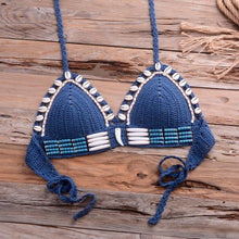 Load image into Gallery viewer, Vintage Blue Bikinis 2 Piece Halter Bikini Set Women High Waist Sequin Swimsuit  Set Handmade Crochet High Quality Swimsuit Women Push Up Swimwear Knitted Beach Wear Bathing Suit
