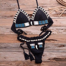 Load image into Gallery viewer, Vintage Blue Bikinis 2 Piece Halter Bikini Set Women High Waist Sequin Swimsuit  Set Handmade Crochet High Quality Swimsuit Women Push Up Swimwear Knitted Beach Wear Bathing Suit
