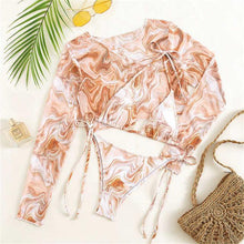 Load image into Gallery viewer, Vintage Halter Printed Leopard Bikini Female Lace Up Bottom Swimsuit Women Swimwear Long Sleeve Bathing Suits Leopard Print Swimsuit Three-pieces Bikini Set Long Sleeve Bathing Suit Cute Swimwear
