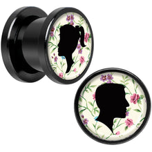 Load image into Gallery viewer, Man Woman Floral Silhouette Black Anodized Screw Fit Plug Set 00G
