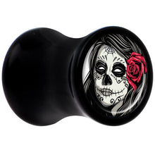 Load image into Gallery viewer, Black Acrylic Katrina Sugar Skull with Rose Flower Saddle Plug Set 2G
