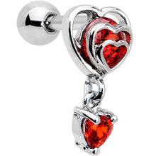 Load image into Gallery viewer, 16G 1/4 Red CZ Gem Triple Heart Dangle Cartilage Tragus Earring
