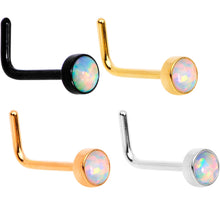 Load image into Gallery viewer, White 3mm Synthetic Opal Anodized Press Fit L Shaped Nose Ring 4 Pack Set
