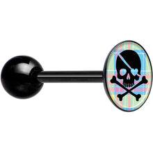 Load image into Gallery viewer, Pink Green Plaid Heart Skull Black Barbell Tongue Ring

