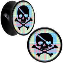 Load image into Gallery viewer, Black Acrylic Pink Green Plaid Heart Skull Saddle Plug Set 9/16
