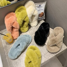 Load image into Gallery viewer, Warm Fluffy Fur Slippers Shoes Women Flip Flop Flat Furry Slides Outdoor Sandals Woman Open Toe Slippers Plush Cross Band Fleece Comfy Memory Foam House Indoor Winter Shoes

