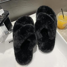 Load image into Gallery viewer, Warm Fluffy Fur Slippers Shoes Women Flip Flop Flat Furry Slides Outdoor Sandals Woman Open Toe Slippers Plush Cross Band Fleece Comfy Memory Foam House Indoor Winter Shoes

