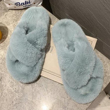 Load image into Gallery viewer, Warm Fluffy Fur Slippers Shoes Women Flip Flop Flat Furry Slides Outdoor Sandals Woman Open Toe Slippers Plush Cross Band Fleece Comfy Memory Foam House Indoor Winter Shoes
