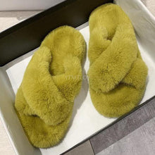 Load image into Gallery viewer, Warm Fluffy Fur Slippers Shoes Women Flip Flop Flat Furry Slides Outdoor Sandals Woman Open Toe Slippers Plush Cross Band Fleece Comfy Memory Foam House Indoor Winter Shoes
