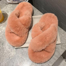 Load image into Gallery viewer, Warm Fluffy Fur Slippers Shoes Women Flip Flop Flat Furry Slides Outdoor Sandals Woman Open Toe Slippers Plush Cross Band Fleece Comfy Memory Foam House Indoor Winter Shoes
