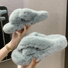 Load image into Gallery viewer, Warm Fluffy Fur Slippers Shoes Women Flip Flop Flat Furry Slides Outdoor Sandals Woman Open Toe Slippers Plush Cross Band Fleece Comfy Memory Foam House Indoor Winter Shoes
