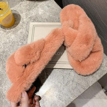 Load image into Gallery viewer, Warm Fluffy Fur Slippers Shoes Women Flip Flop Flat Furry Slides Outdoor Sandals Woman Open Toe Slippers Plush Cross Band Fleece Comfy Memory Foam House Indoor Winter Shoes
