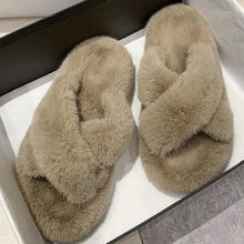 Load image into Gallery viewer, Warm Fluffy Fur Slippers Shoes Women Flip Flop Flat Furry Slides Outdoor Sandals Woman Open Toe Slippers Plush Cross Band Fleece Comfy Memory Foam House Indoor Winter Shoes
