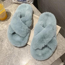 Load image into Gallery viewer, Warm Fluffy Fur Slippers Shoes Women Flip Flop Flat Furry Slides Outdoor Sandals Woman Open Toe Slippers Plush Cross Band Fleece Comfy Memory Foam House Indoor Winter Shoes
