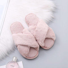 Load image into Gallery viewer, Warm Fluffy Slippers Women Cozy Faux Fur Cross Indoor Floor Slides Flat Soft Furry Flip Flops Fuzzy Slippers Cross Band Fluffy Slippers Faux Fur Slippers Plush House Open Toe Cozy Slippers For Women
