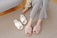 Load image into Gallery viewer, Warm Fluffy Slippers Women Cozy Faux Fur Cross Indoor Floor Slides Flat Soft Furry Flip Flops Fuzzy Slippers Cross Band Fluffy Slippers Faux Fur Slippers Plush House Open Toe Cozy Slippers For Women
