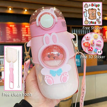 Load image into Gallery viewer, Water Bottle For Children 700ML Cute Stickers With Straw Temperature Kawaii Plastic Cup Portable Student School Bottle Girl Boy Water Bottles with Straw and Strap Cute Water Bottles Cartoon Animal Plastic Drinking Bottle Leakproof Water Bottle
