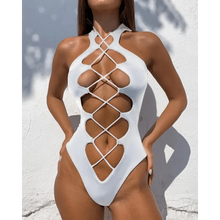 Load image into Gallery viewer, White One Piece Women Fashion Lace-up Plunge Swimsuit Sleeveless Solid Swimwear For Girls
