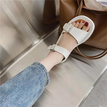 Load image into Gallery viewer, White Womans Sandals Flat Round Sandals Elegant Modern Buckle Strap Comfort Design
