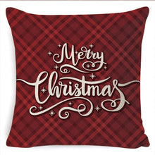 Load image into Gallery viewer, Winter Merry Christmas Cushion Cover Red Christmas Santa Claus Greeting Christmas Pillow Covers Red Plaid Pillow Covers Christmas Tree Snowflakes Text Pillow Cover
