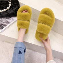 Load image into Gallery viewer, Winter Women Slippers Flat Casual Shoes Women Slippers Furry Slippers Thick Bottom Home Soft Slippers Faux Fur Slippers Comfy Open Toe Two Band Slides With Fleece Lining And Rubber Sole
