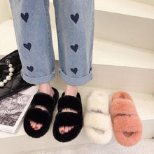 Load image into Gallery viewer, Winter Women Slippers Flat Casual Shoes Women Slippers Furry Slippers Thick Bottom Home Soft Slippers Faux Fur Slippers Comfy Open Toe Two Band Slides With Fleece Lining And Rubber Sole
