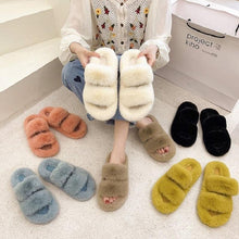Load image into Gallery viewer, Winter Women Slippers Flat Casual Shoes Women Slippers Furry Slippers Thick Bottom Home Soft Slippers Faux Fur Slippers Comfy Open Toe Two Band Slides With Fleece Lining And Rubber Sole
