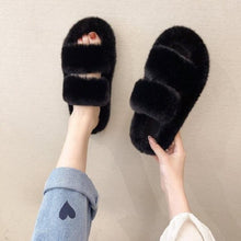Load image into Gallery viewer, Winter Women Slippers Flat Casual Shoes Women Slippers Furry Slippers Thick Bottom Home Soft Slippers Faux Fur Slippers Comfy Open Toe Two Band Slides With Fleece Lining And Rubber Sole

