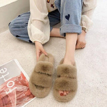 Load image into Gallery viewer, Winter Women Slippers Flat Casual Shoes Women Slippers Furry Slippers Thick Bottom Home Soft Slippers Faux Fur Slippers Comfy Open Toe Two Band Slides With Fleece Lining And Rubber Sole
