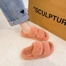 Load image into Gallery viewer, Winter Women Slippers Flat Casual Shoes Women Slippers Furry Slippers Thick Bottom Home Soft Slippers Faux Fur Slippers Comfy Open Toe Two Band Slides With Fleece Lining And Rubber Sole
