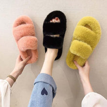 Load image into Gallery viewer, Winter Women Slippers Flat Casual Shoes Women Slippers Furry Slippers Thick Bottom Home Soft Slippers Faux Fur Slippers Comfy Open Toe Two Band Slides With Fleece Lining And Rubber Sole
