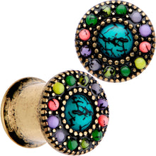 Load image into Gallery viewer, Gold Plated Southwestern Stone Age Double Flare Plug Set 2G to 22mm

