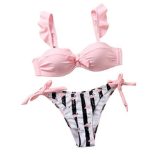Load image into Gallery viewer, Women 2Pcs Summer Beach Bathing Suit Bowknot Ruffle Sleeve Crop Tops  Striped Print Swimsuit  Bikini Sets 2 Piece Ruffled V Neck Bathing Suits Summer Swimwear
