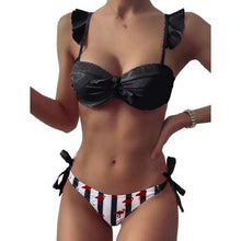 Load image into Gallery viewer, Women 2Pcs Summer Beach Bathing Suit Bowknot Ruffle Sleeve Crop Tops  Striped Print Swimsuit  Bikini Sets 2 Piece Ruffled V Neck Bathing Suits Summer Swimwear
