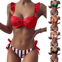 Load image into Gallery viewer, Women 2Pcs Summer Beach Bathing Suit Bowknot Ruffle Sleeve Crop Tops  Striped Print Swimsuit  Bikini Sets 2 Piece Ruffled V Neck Bathing Suits Summer Swimwear
