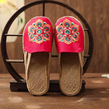 Load image into Gallery viewer, Women Casual Linen Handmade Mules Flat Slippers Retro Vegan Summer Canvas Comfortable Espadrille New Women Shoes Slides Flat Summer Style Handmade Retro Slippers
