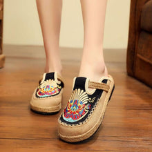 Load image into Gallery viewer, Women Casual Linen Handmade Mules Flat Slippers Retro Vegan Summer Canvas Comfortable Espadrille New Women Shoes Slides Flat Summer Style Handmade Retro Slippers
