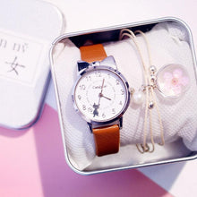 Load image into Gallery viewer, Women Charming Watch Set Pink Leather Strap Student Watch Children Black Cat Leather Strap And Round Dial Quartz Watches For Women Cat Dial With Stainless Steel Dial Quartz Watch
